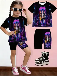 Neon K-Pop Idol Girl Group Print T-Shirt Set, Sweet Cool Shemale Slimming Sport Two-Piece Set, Party Style Suit