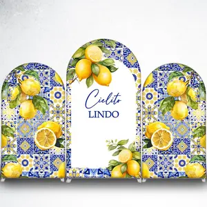 Watercolor Lemon and Blue Tiles Arch Backdrop Cover for Summer Luau Party