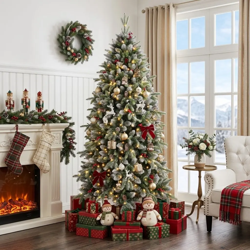 6ft Prelit Christmas Tree - PE PVC Mixed Pine Tree with 1264 Tips, 380 Warm White LED Lights, Pinecones & Red Berries for Home Festive Decorations