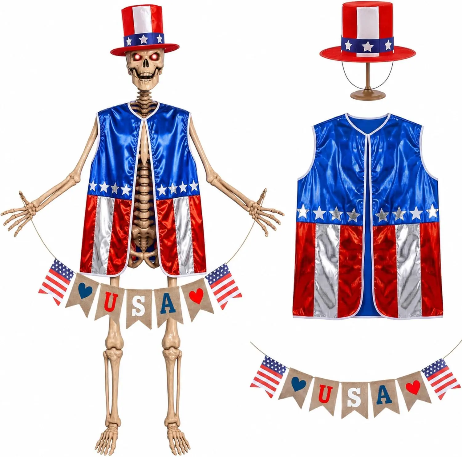 3 Pcs 12 ft Skeleton Outfits Accessories 4th of July Skeleton Hat, Vest, USA Banner Outfit Set Giant Sized Skull Costume Clothing for 250th Anniversary Patriotic Garden Lawn Outdoor DecorGift.