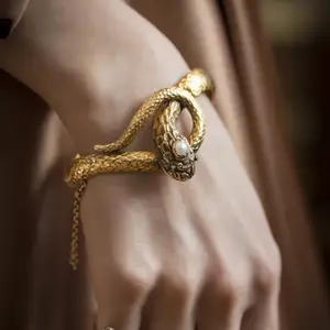 Vintage Medieval Gold-Plated Serpent Bracelet, Faux Pearl Snake Bangle, Egyptian Cleopatra-Inspired Gothic Statement Costume Jewelry
