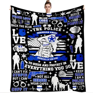 Police Themed Flannel Blanket 270G Thick Soft Warm Throw Blanket with Blue Lives Matter Back the Blue Police Officer Guardian Angel American Flag Badge Gun Handcuffs Print for Police Officers Veterans