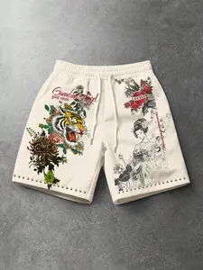 Men's Japanese Tattoo-Style Tiger Geisha Graphic Print Shorts, Men's Summer Casual Fitted Drawstring Waist Shorts, Suitable for Summer Beach and Street Wear.
