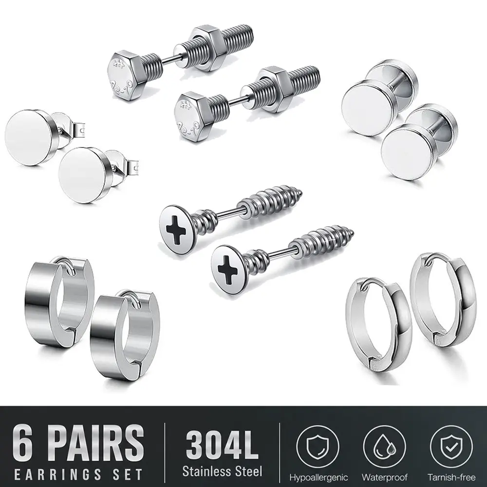 6-Pairs Unisex 304L Stainless Steel Earrings Set Punk Stackable Ear Stud and Hoop Earrings Set Cool Screw on Earring Studs Backs Piercing Jewelry Ideal for Daily & Holiday Wear, All Seasons, Everyday Earrings