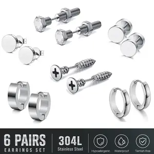 6-Pairs Unisex 304L Stainless Steel Earrings Set Punk Stackable Ear Stud and Hoop Earrings Set Cool Screw on Earring Studs Backs Piercing Jewelry Ideal for Daily & Holiday Wear, All Seasons, Everyday Earrings