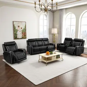 Power Recliner Sofa Set with LED Black Leather Couch for Living Room Air Leather Reclining Set USB Storage Console Cup Holder House Home Theater Apt Sofa LOVESEAT Chair
