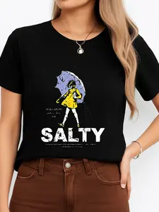 Salty Girl Umbrella Print Black Short Sleeve T-Shirt for Summer Outfits Unisex Breathable USA Made Cotton Fabric Top Women's Everyday Minimalist Style Casual Tshirt