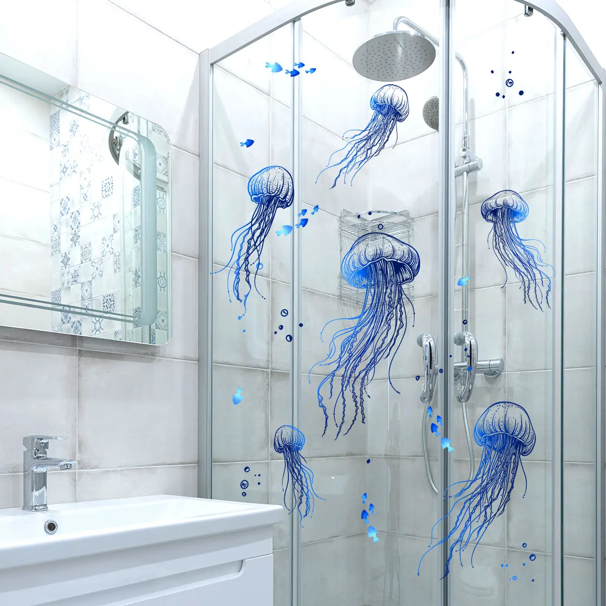 A set of three (20*30cm*3pcs) new creative hand-painted blue jellyfish bathroom single-layer static cling window stickers, glass sticker decorative background window stickers, Decoration Sticker (DJ3126-YL)