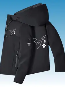 Men's & Women's Windproof Hooded Jacket with Dog Claw Print, Outdoor Hiking Coat, Full Zip Casual Winter Jacket, Durable Fabric, Camping Skiing