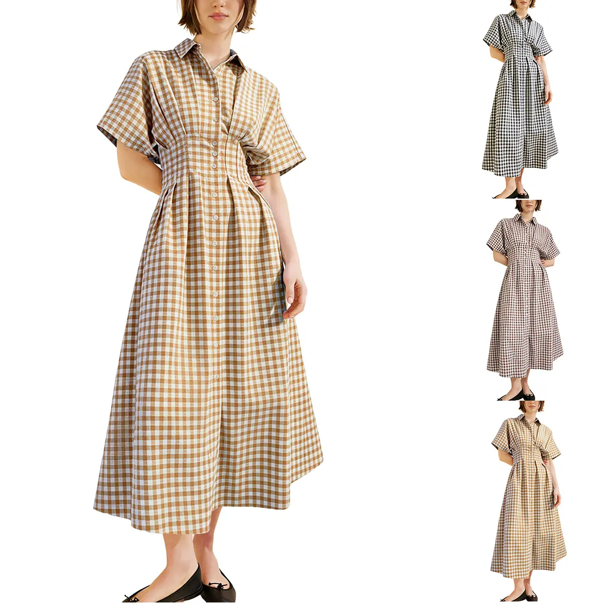 Yeokou Woman's 100% Cotton Gingham Plaid Shirt Dress Short Sleeve A‑Line Casual Summer Midi Dress With Pockets