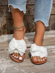 Girls Summer PU Leather Slip-On Bow Decorated Sandals, Butterfly Knot Design, Soft Sole Casual Beach Shoes, Fashionable Comfortable Footwear, Bowknot Design Sandals