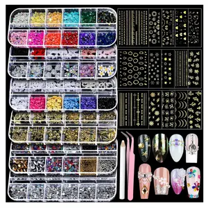 Teenitor Nail Charms Nail Gems with 15 Sheets Gold Nail Stickers, 6 Boxes of Rhinestones for Nails Art Tools, 3D Nail Decals Pearls for Nails
