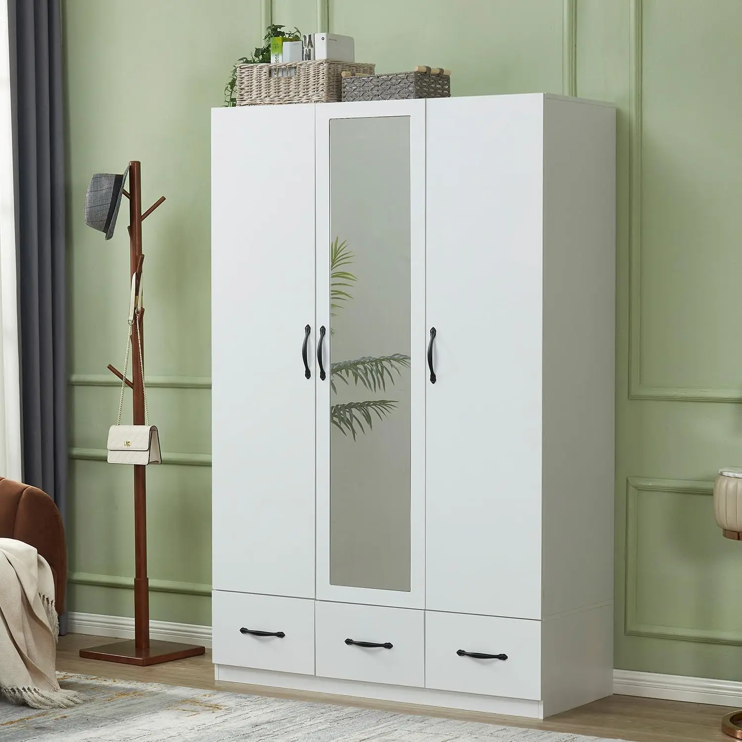 Armoire Wardrobe with Mirror, 3 Door 3 Drawers Closet Storage Cabinet Wardrobe Mirror for High Storage Capacity, Wood Tall Wardrobe Closet with Hanging Rod White
