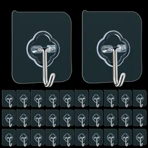 Adhesive Hooks, 32 Pack 33lb(Max) Sticky Hooks, Transparent Reusable Removable Adhesive Hooks for Hanging, Wall Hooks for Hanging Can be Use for Kitchen Bathroom Shower Outdoor Home Improvement