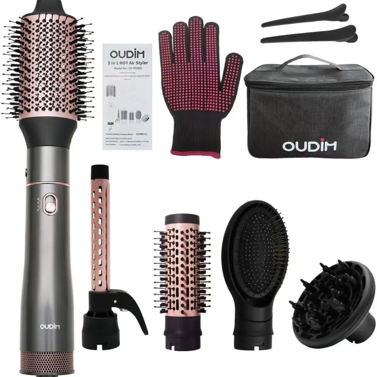5-in-1 Negative Ion Hair Dryer Brush Set, Hot Air Styler with Multiple Length Options, 3 Temperature & Wind Settings, Portable Travel Bag Included