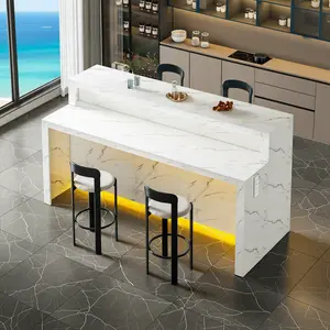 71" Large Faux Marble Dining Table with RGB LED Lights, Modern Rectangle Kitchen Island Table with Charging Station, 2-Tier Home Bar Unit for 6 People, White