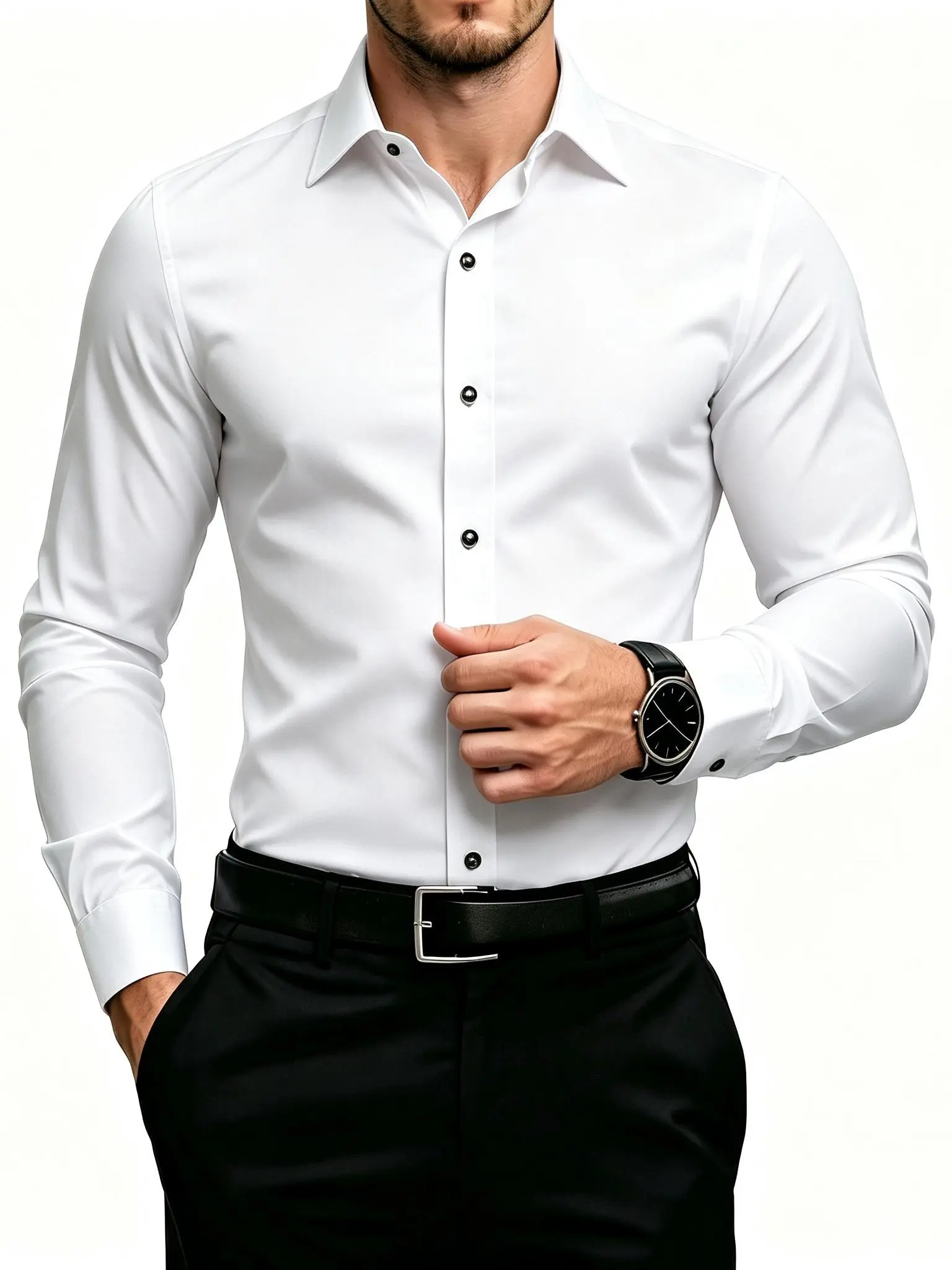 Men’s long-sleeve dress shirt, wrinkle-free, non-stretch slim fit with button closure; a formal business shirt in light blue for office wear, suitable for weddings and everyday use.