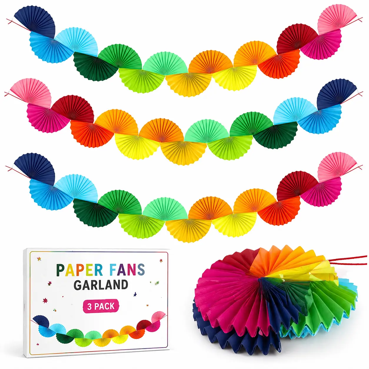 3-Pack Rainbow Eco-Friendly Paper Fan Garland, 15.6ft Extra-Long Pre-Assembled 3D Hanging Decorations for Wedding, Birthday Party Backdrop, Outdoors, Wall Hanging, Ceremony, 15.6 Feet