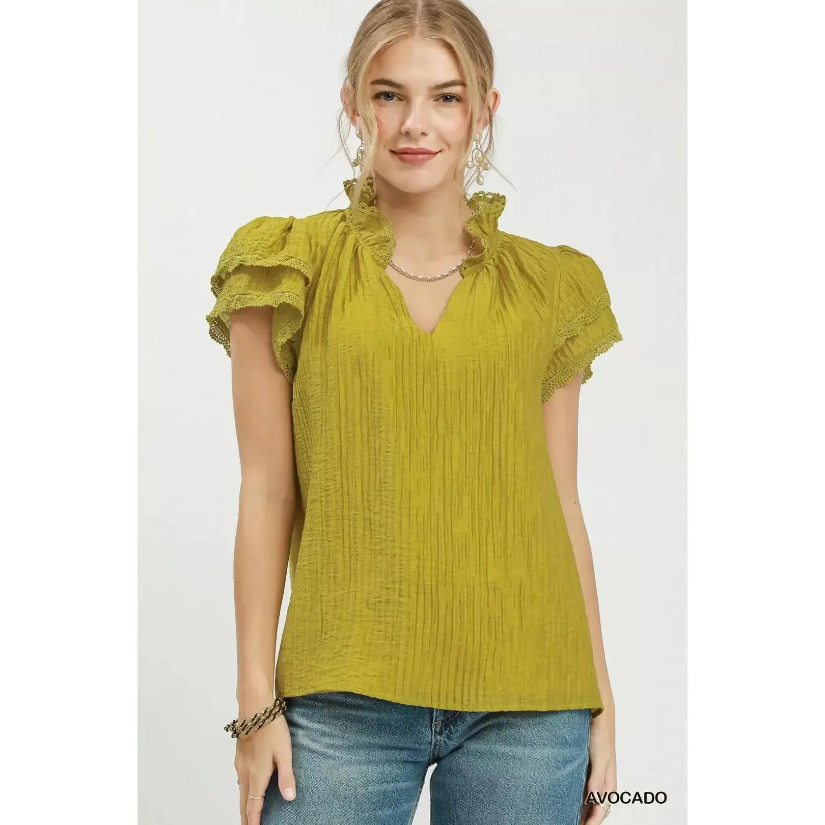 Women's Umgee Boxy Blouse, Smooth Polyester Fabric, Lace Trim, Ruffle Details, Feminine Elegance Top, Blouses, Casual, Comfortable