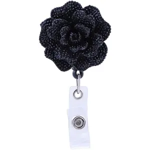 24'' Retractable Badge Reel, Glitter Rose Nurse ID Badge Holder Reel with 360 Swivel  Clip - Black
