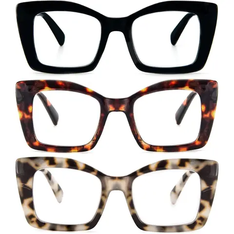 Female 6-Pack Oversized Plastic Square Frame Eyeglasses - Blue Light Blocking High Definition Lenses, Spring Hinge, Lightweight Durable Casual Computer Frames, Bridge Width:18mm