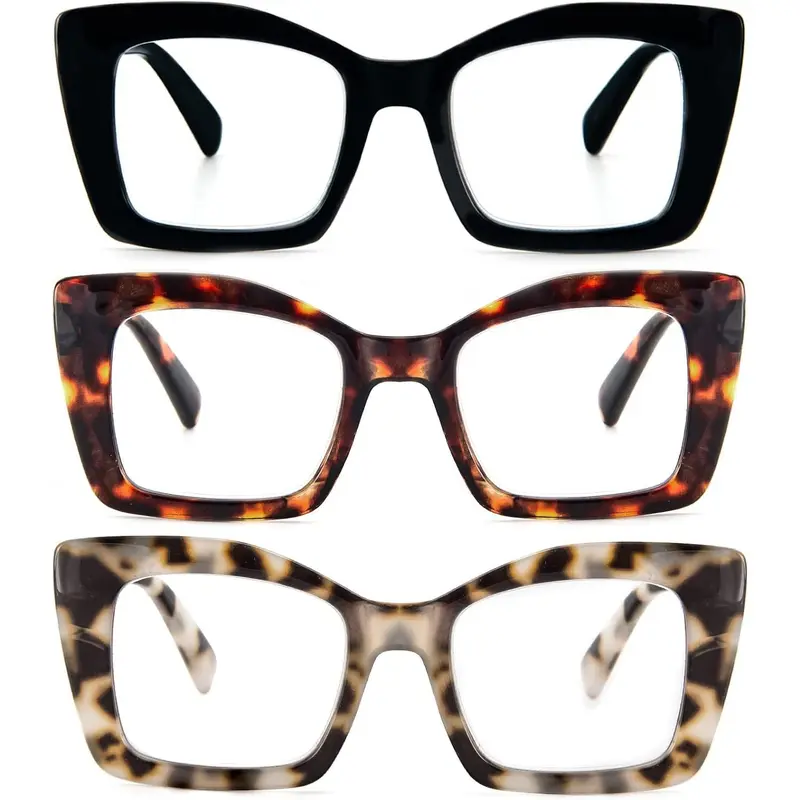 Female 6-Pack Oversized Plastic Square Frame Eyeglasses - Blue Light Blocking High Definition Lenses, Spring Hinge, Lightweight Durable Casual Computer Frames, Bridge Width:18mm