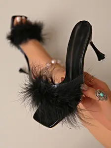 Elegant Feather High Heel Mules for Women, Comfortable Square Toe Sandals, Plush Feather Open-Toe Slippers, Perfect for Parties/clubs/dinner, Footwear