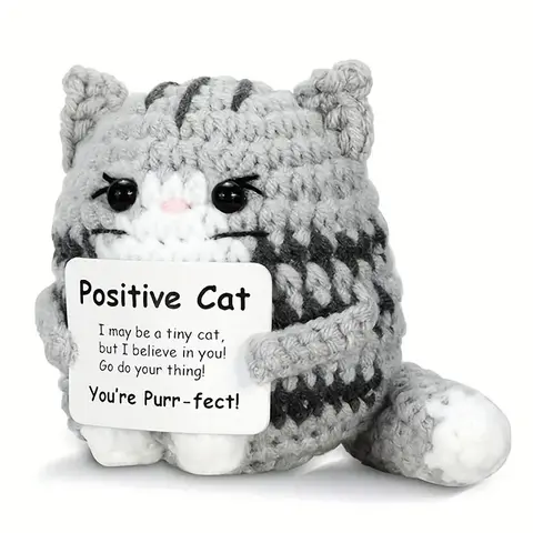 Handmade Emotional Positive Energy Cute Crochet Cat Soft Adorable Stuffed Animal with Soft Cuddly Gift for Cat Lovers And Festival Desktop Ornament for Home, Office Workers Cute Stuffed Animals
