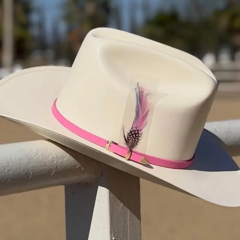 Women’s Handmade Sinaloa-Style Sombrero - White Diamond Accents, 100x Pink Feather Hatband, Crafted in Mexico