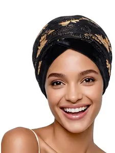 Ethnic Style Mesh Headscarf Hat, Velvet Long Tail Scarf Cap, African Hat, Women's Fashion Accessory
