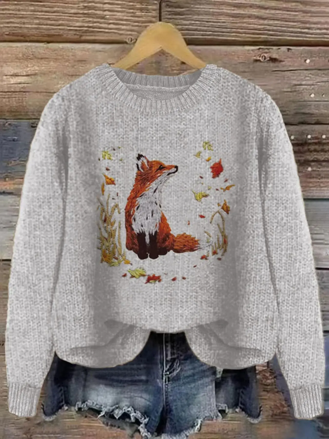 Women's Fox & Leaf Print Drop Shoulder Baggy Sweater, Casual Long Sleeve Round Neck Jumper for Fall & Winter, Fashion Ladies' Knitwear for Daily Wear, Tops