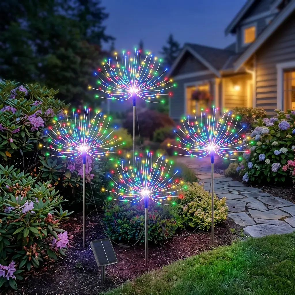 4-Pcs Solar Outdoor Patio LED Light Strings - Bendable Copper Wire Garden Lanterns, 60 LED Firework Beads Each (240 Total), 8 Modes Warm Twinkle Waves, Water-Resistant DIY Starburst, Limited Yes Gift for Mom (Home Improvement)