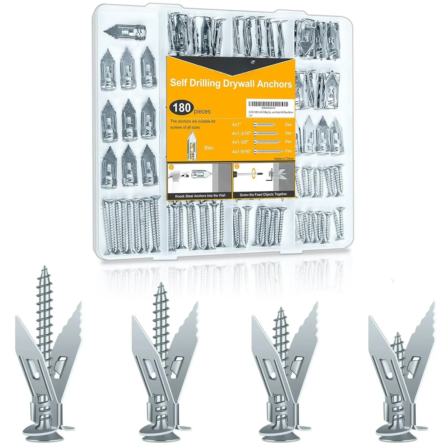 180 count Self Drilling Drywall Anchors, Metal Heavy Duty Dry Wall Anchors and Screws Kit,  Renter Friendly Anchor for Sheetrock,Hollow Wall,  Shelves,Mirrors,Wall Decor,Pictures