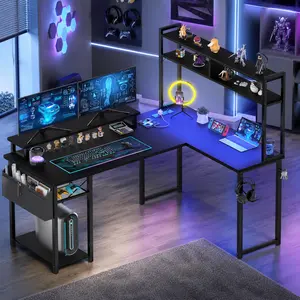 49''W Reversible L-Shaped Computer Desk with LED Lights & Power Outlets，Modern Corner Gaming Desk with Monitor Stand & Storage Shelf, Home Office Desk