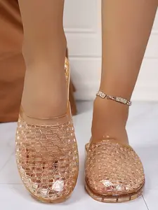 Breathable Crystal Sandals Woven Roman Style, Slim Feet Magic Design, PVC Material Summer Shoes for Women, Casual Wear