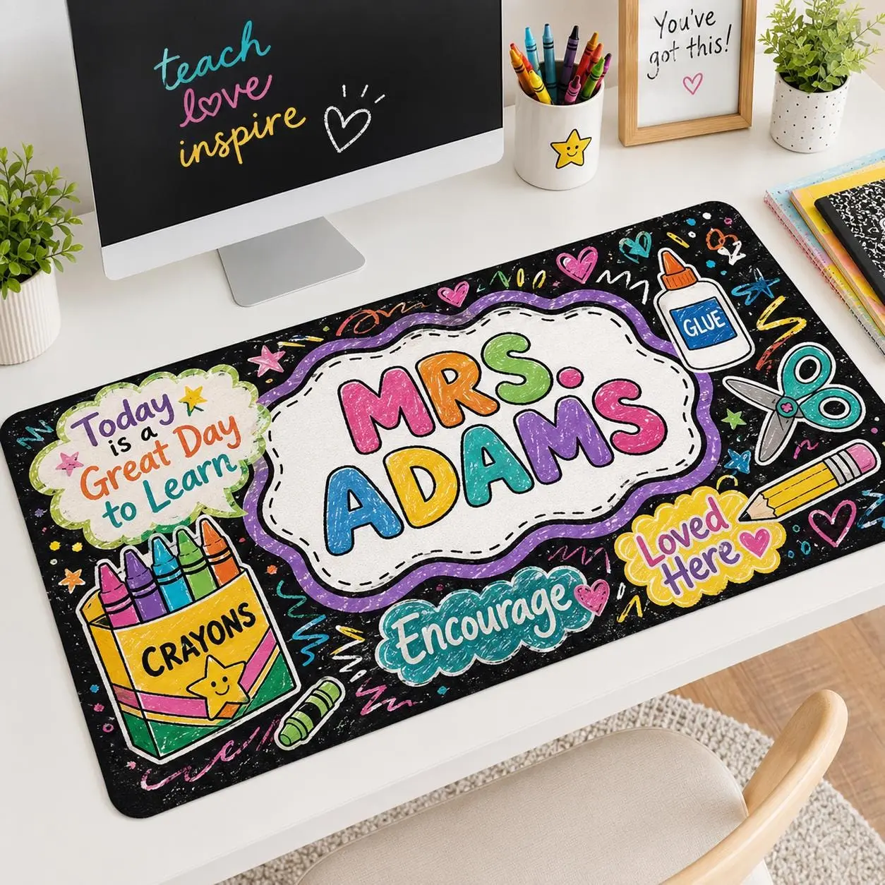 Personalized Teacher Desk Mat, Custom Mouse Pad, Colorful Classroom Desk Decor