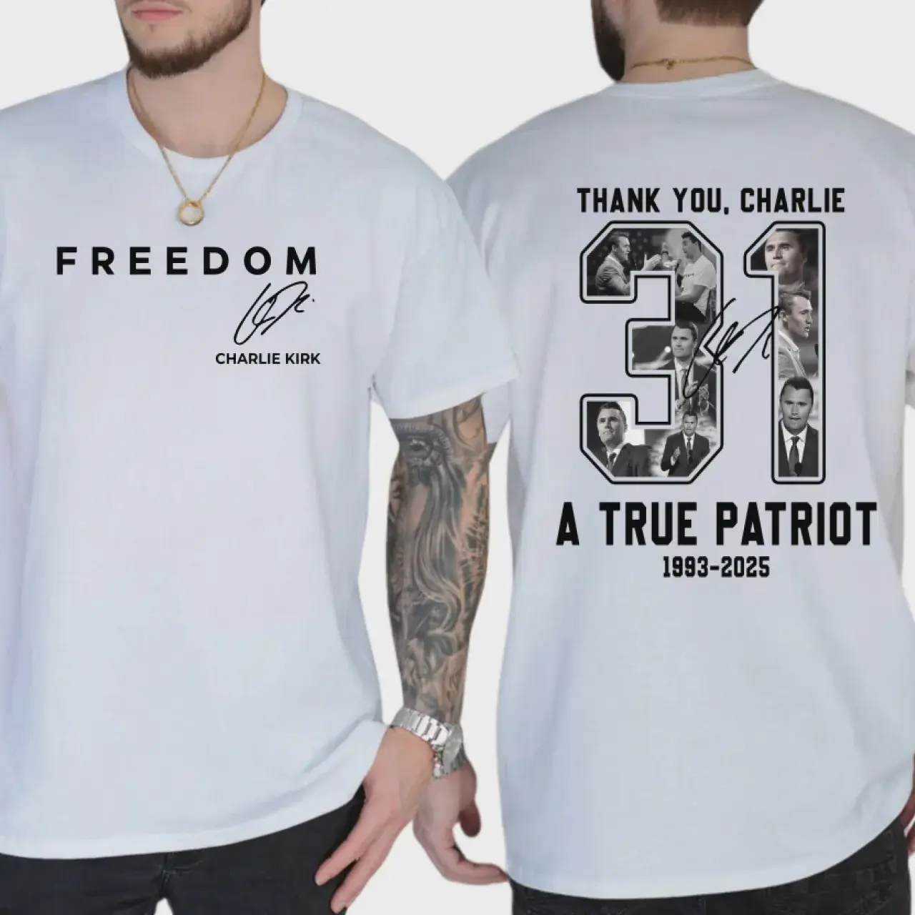 Men's Stylish Round Neck 2-Sided Freedom Charlie Kirk Short-Sleeve T-Shirt, True Patriot Graphic Tee, Rest In Peace Charlie Kirk, 100% Cotton, Made in USA, Unisex Casual Streetwear Top, All Colors, Sizes S-4XL