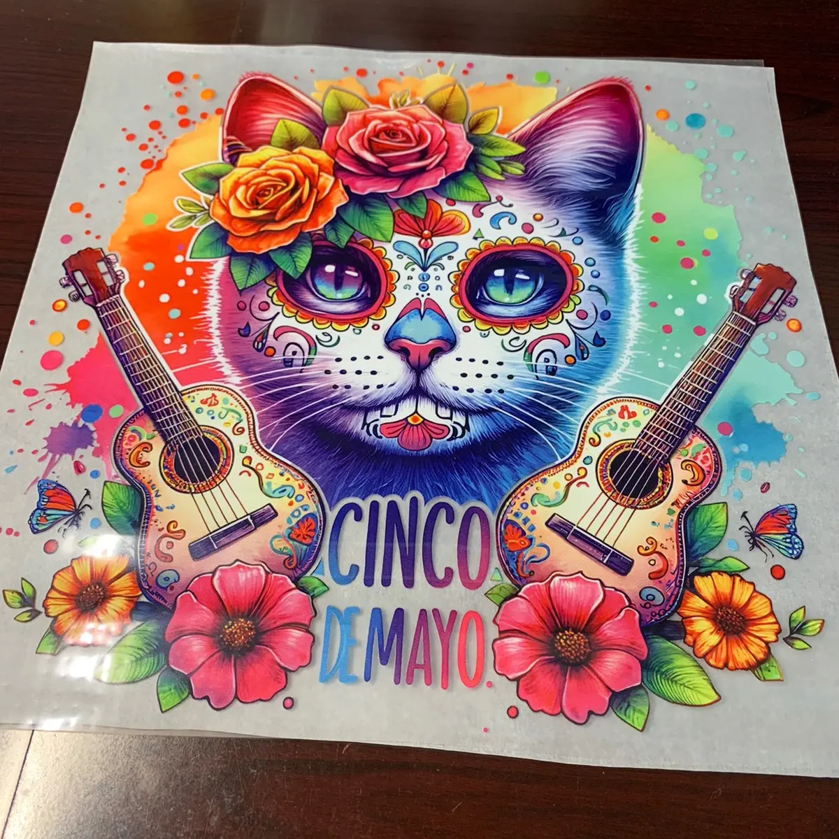 1 Dtf transfer Cinco de Mayo Cat with guitar Flowers Ready to Heat Press transfer film