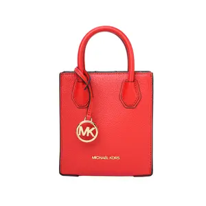Michael Kors Mercer Logo Charm Litchi Grain Zipper Leather Tote Bag for Women in Bright Red