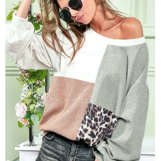 Lightweight Leopard Print Long Sleeve Sweater with Colorblock design for women