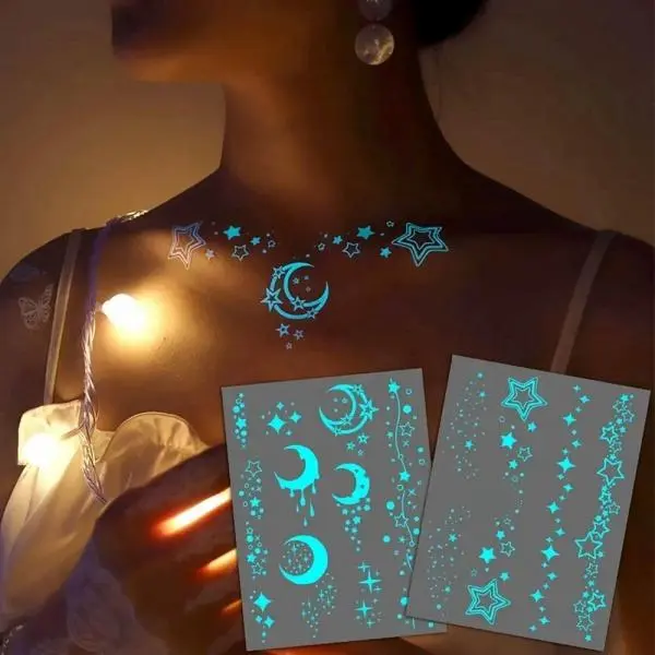 3 Pack Glow In The Dark Temporary Tattoo Stickers Star Moon Butterfly Luminous Body Art Stickers Waterproof Long Lasting Night Party Festival Skin Decor For Women Girls