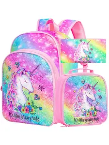 3PCS Kids Unicorn Backpack for Girls, 16" sequin Bookbag with Lunch Box, School Bag Set for Elementary Preschool Toddler