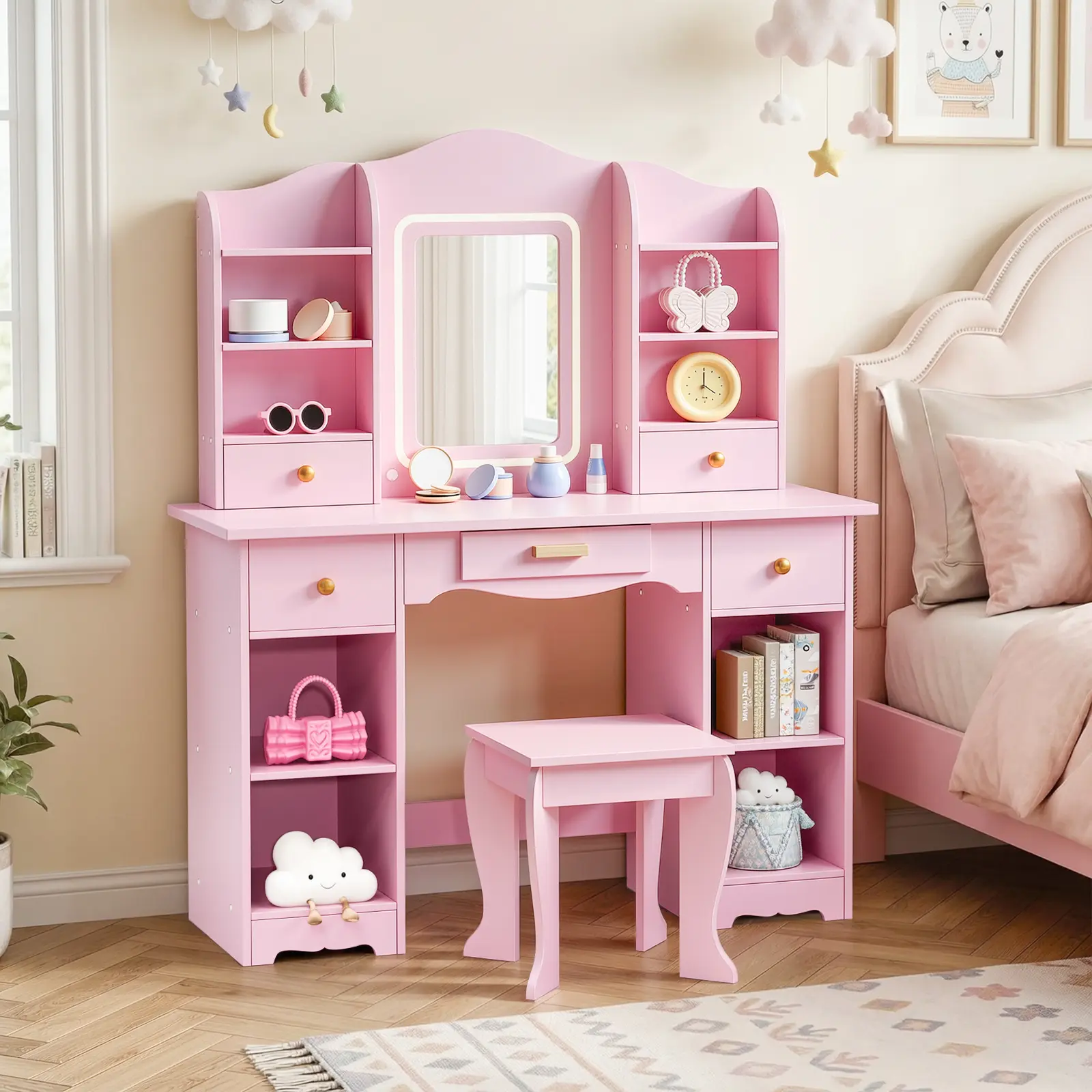 Arlopu Kids Vanity with 3-Color Lights, Girls Vanity Set w/Large Storage, Mirror ＆ Stool, 2 in 1 Princess Wooden Pretend Play Makeup Desk, Dressing Table and Chair, Open Shelves, Drawer,