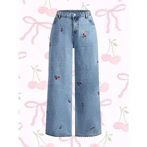2026 Women'S Hand Embroidered Cherry Casual Straight Leg Wide Pants, Elegant Woven Denim Jeans, All Seasons Fashion, Comfortable Fit Trouser