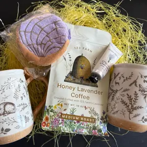Honey Lavender Coffee Gift Set with 10 oz Coffee, 2 Randomly Selected Mugs, Purple Mexican Concha Coin Purse, Hand Lotion & NYC Inspired Sticker