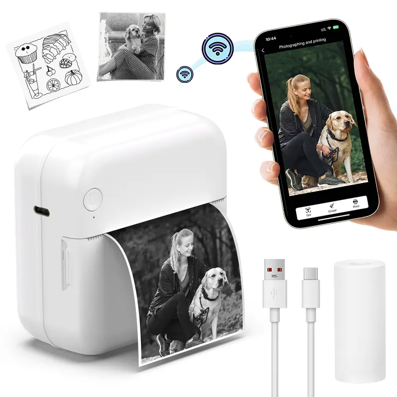 HuiJuKeJi Mini Blue-Tooth Printer, Wireless Sticker Printer with 1 Rolls Paper for iPhone/Android