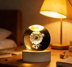 3D Laser Etched Sunflower Crystal Ball, Sunflower Decor Glass Sphere Lamp Night Light, Crystal Flower Figurines Collectibles Gifts for Mom Women Girls
