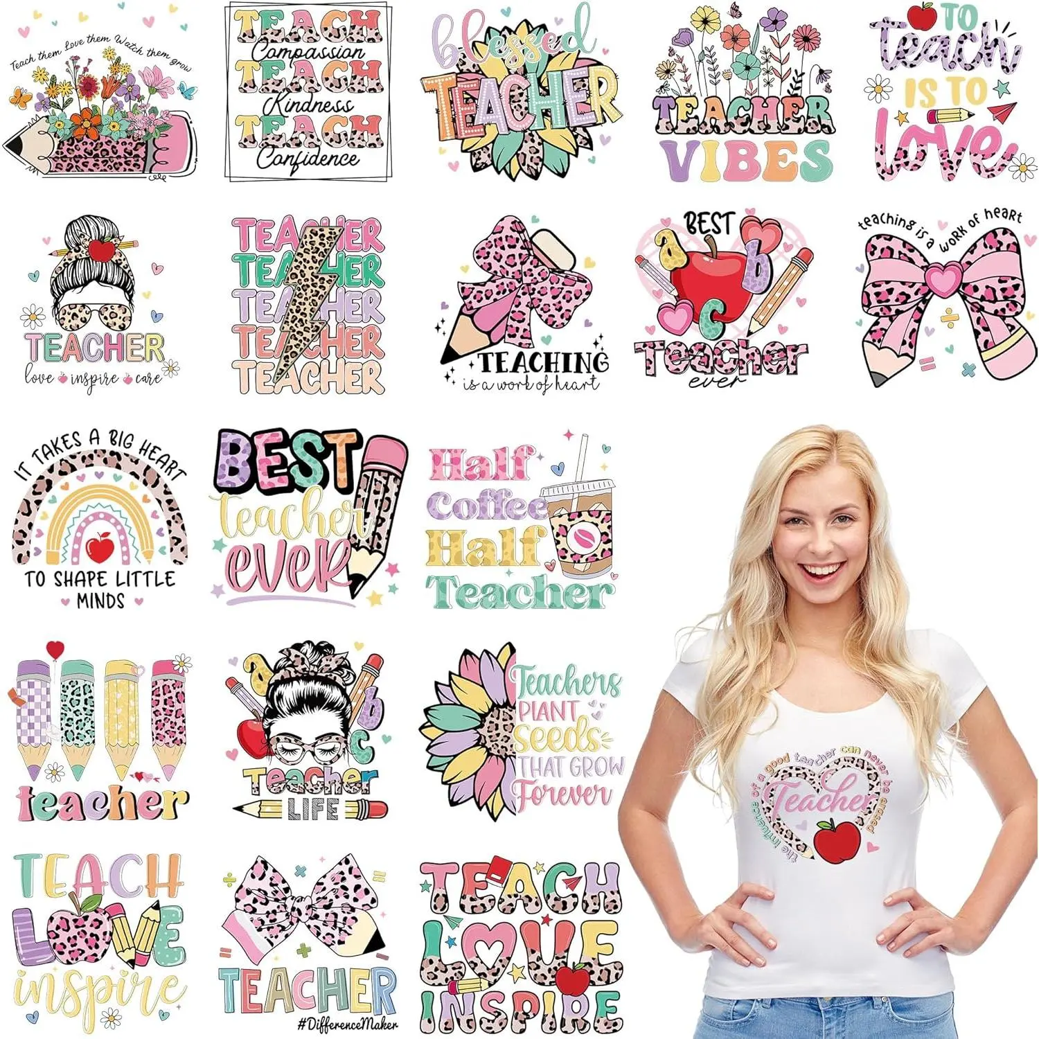 Teacher Iron on 20 Sheets T-Shirt Transfers, Leopard Flower Rainbow DTF, Ready to Press, Iron on Patches for DIY Crafts