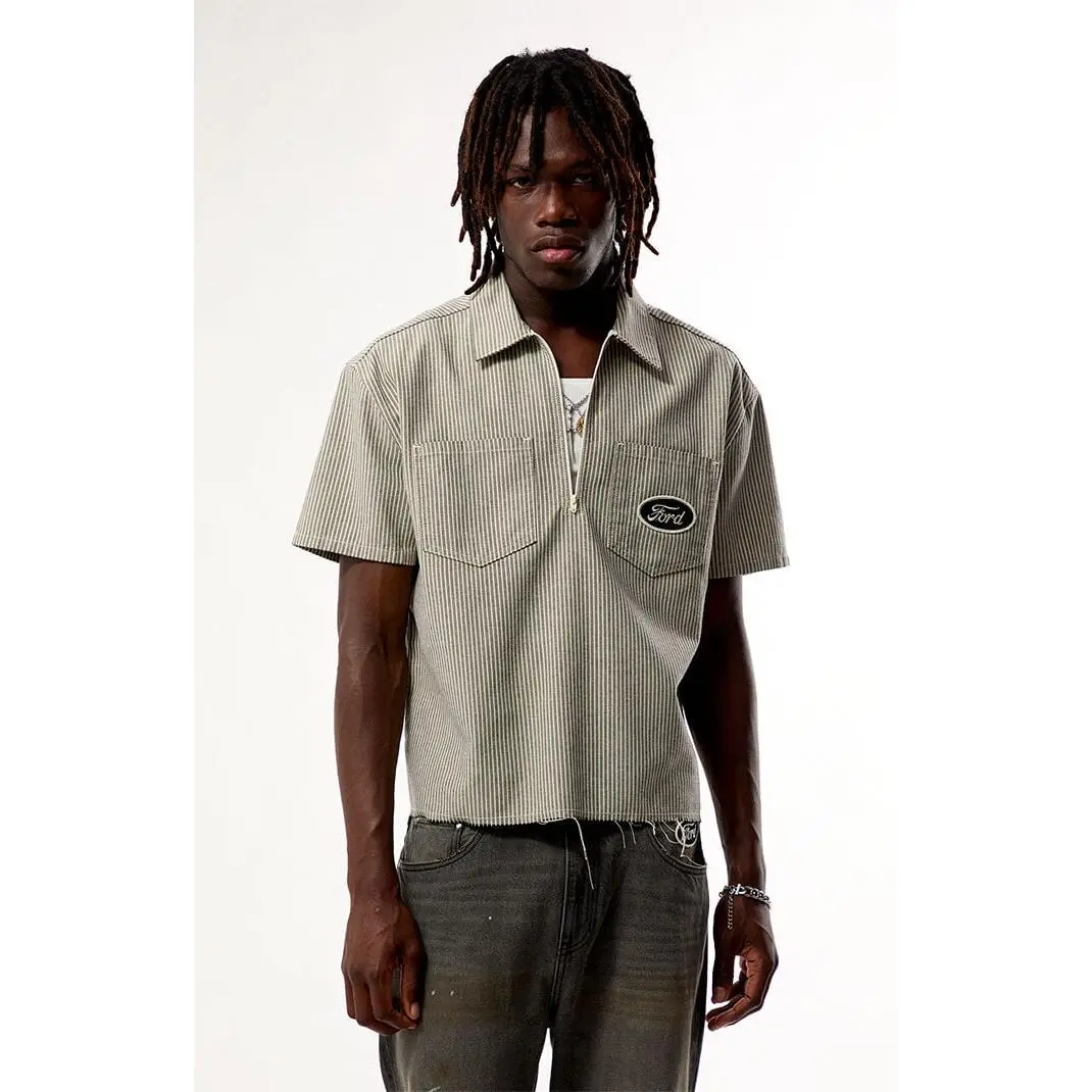 FORD Men's Black and Cream Striped Quater Zip Shirt