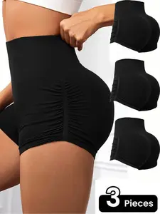3Pcs Women's Solid High Waist Sports Spandex Short, Breathable Comfortable High Stretch Skinny Shorts, Gym Clothing, Gym Shorts, Ladies Sportswear for Indoor Outdoor Wear
